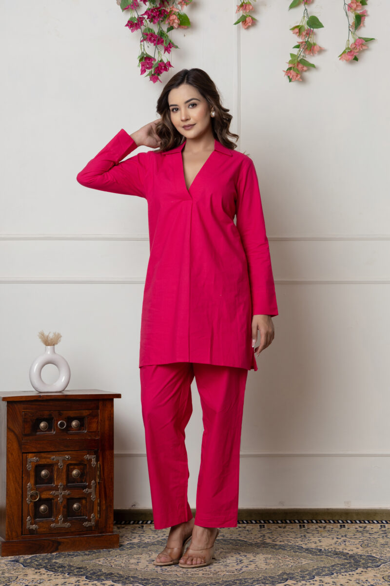 Solid Fuchsia Pink Cotton Co-ord Set - Image 4