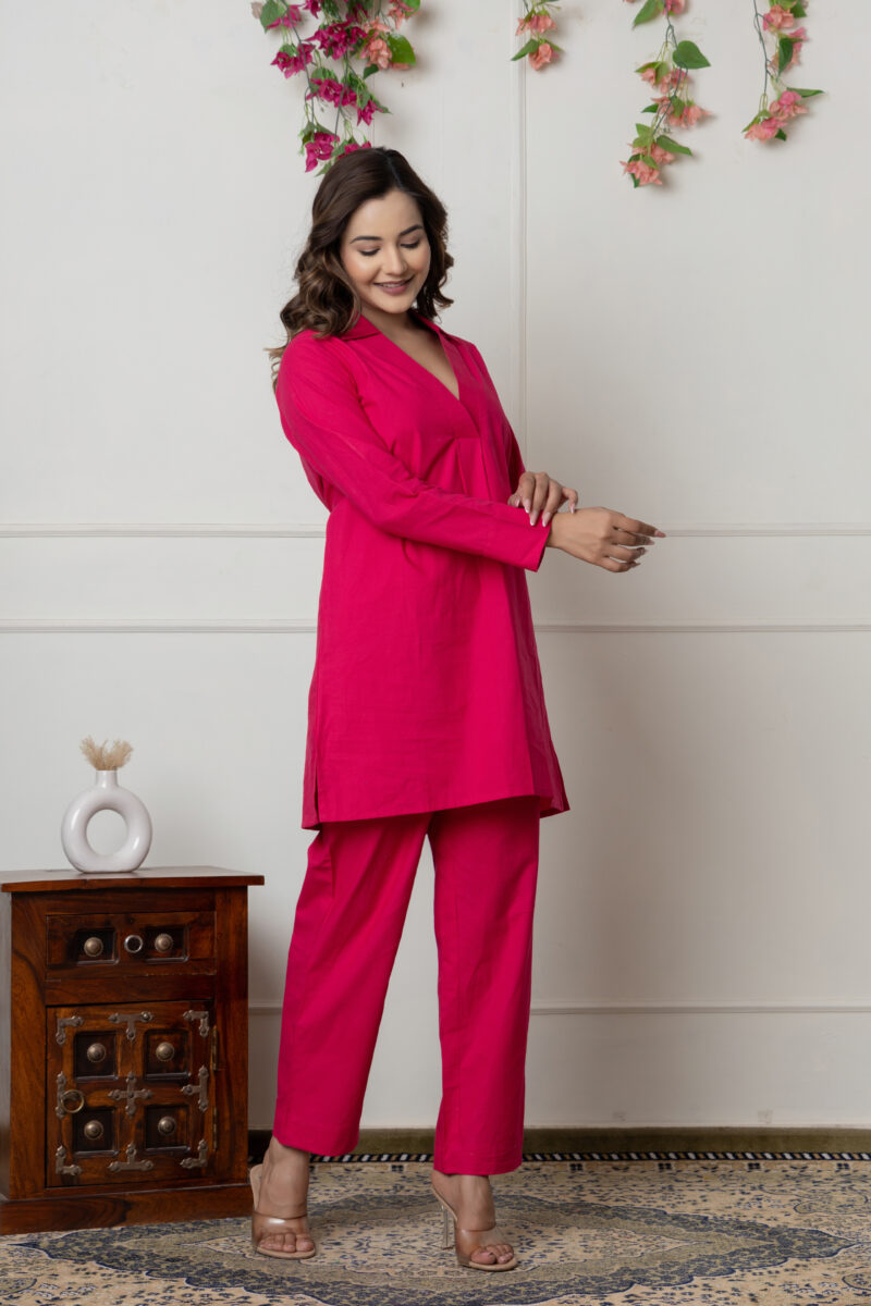 Solid Fuchsia Pink Cotton Co-ord Set - Image 3