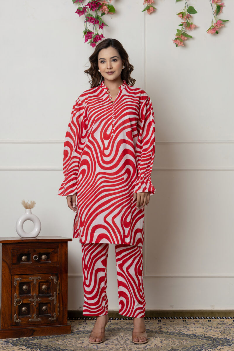 Red & White Abstract Printed Cotton Co-ord Set