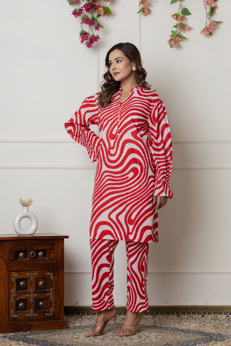 Red & White Abstract Printed Cotton Co-Ord Set - Image 4