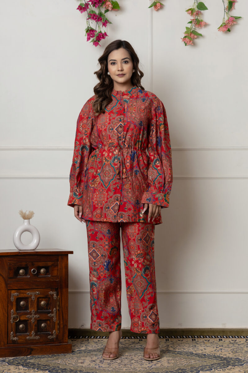Ethnic Red Printed Drawstring Co-Ord Set - Image 4