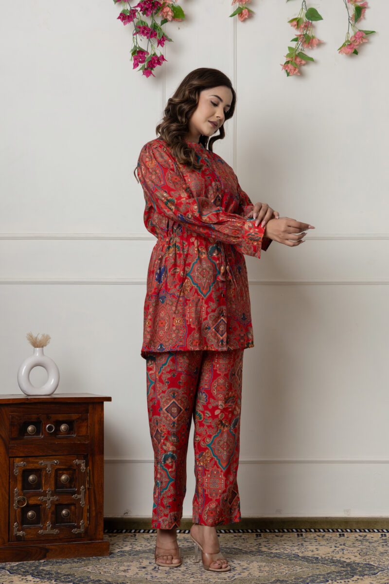 Ethnic Red Printed Drawstring Co-Ord Set - Image 2
