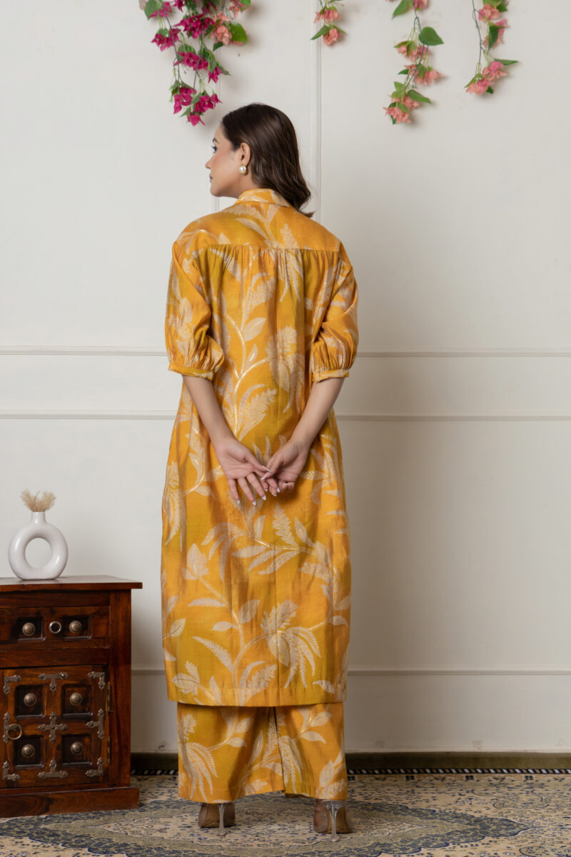 Mustard Botanical Printed Muslin Kurta Palazzo Set - Image 4