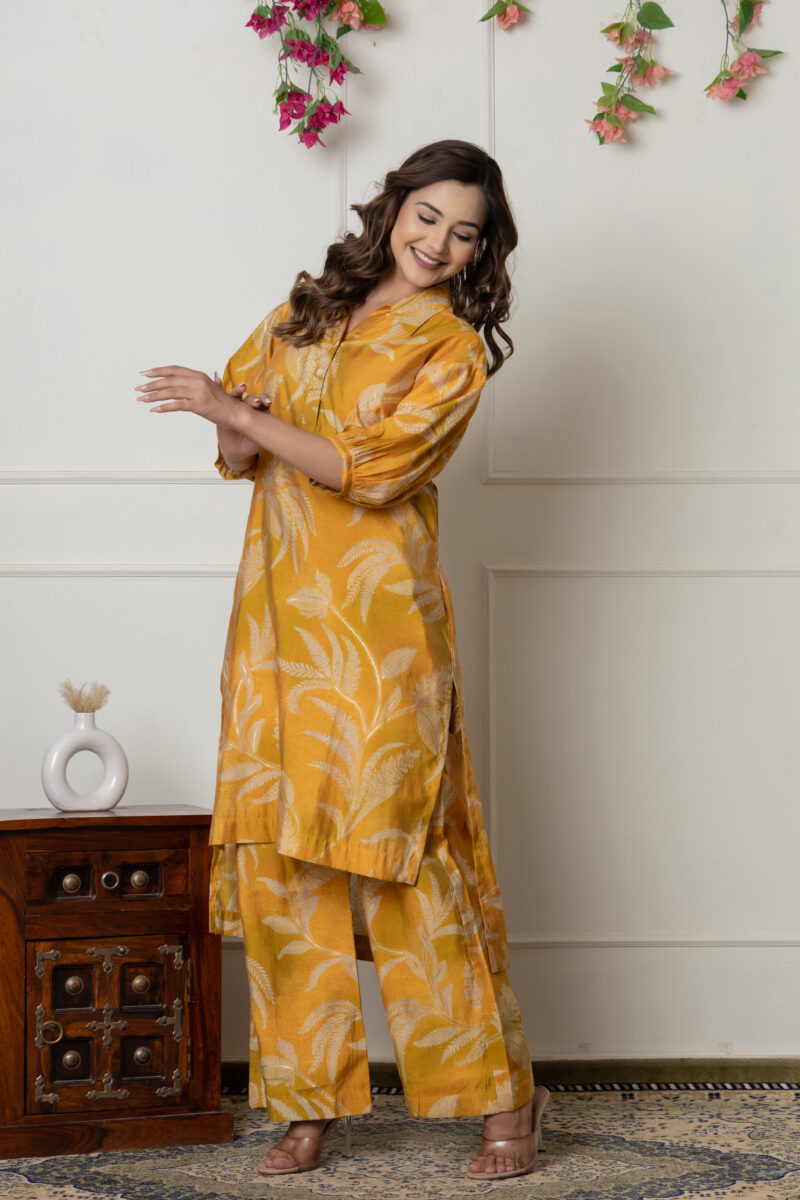 Mustard Botanical Printed Muslin Kurta Palazzo Set - Image 2
