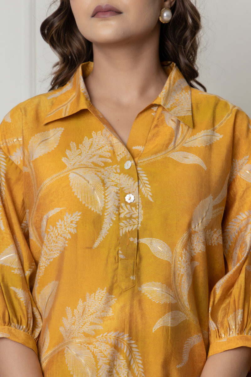 Mustard Botanical Printed Muslin Kurta Palazzo Set - Image 3