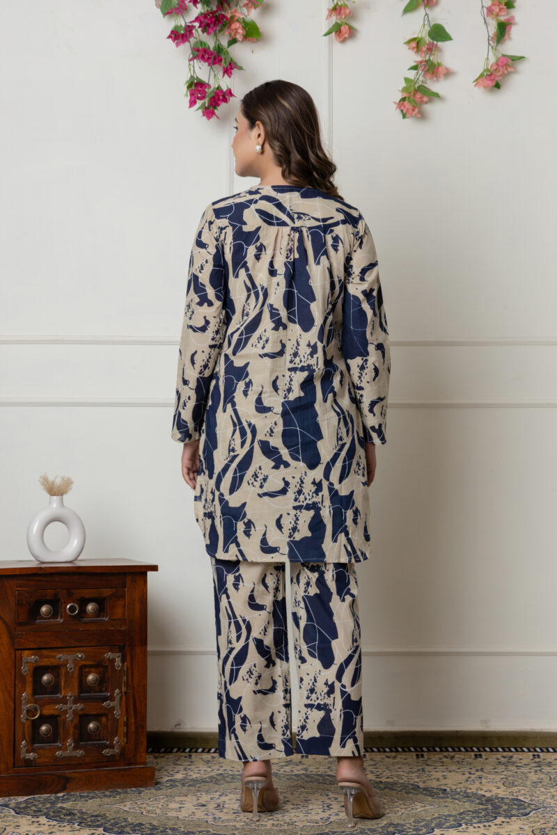 Navy & Beige Abstract Printed Cotton Co-Ord Set - Image 5