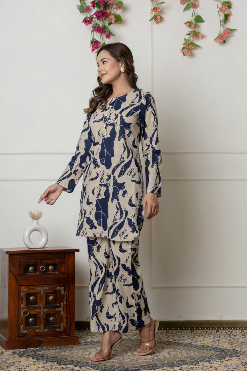 Navy & Beige Abstract Printed Cotton Co-Ord Set - Image 4