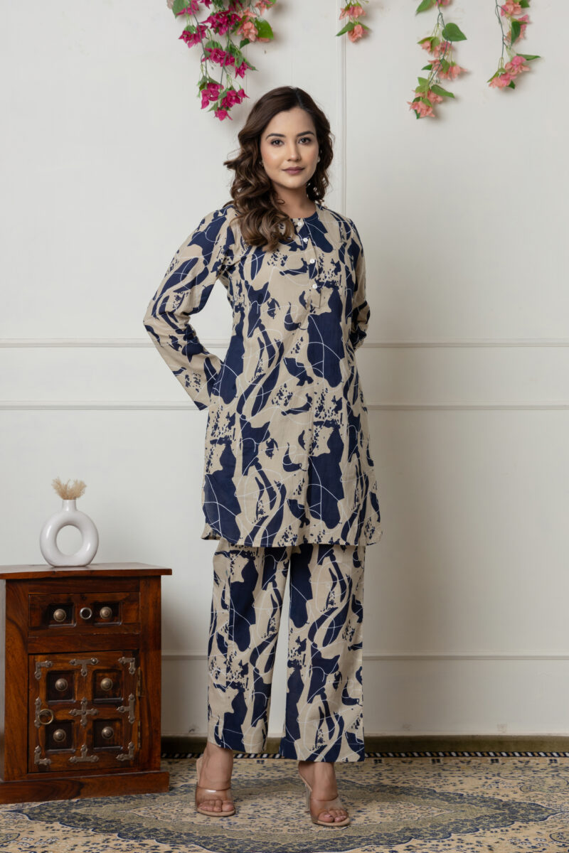 Navy & Beige Abstract Printed Cotton Co-Ord Set - Image 3