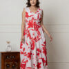 White & Red Floral Printed Sleeveless Cotton Dress