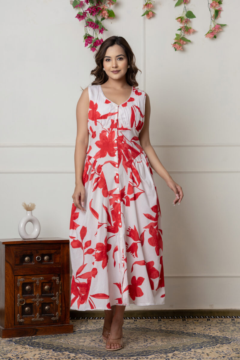 White & Red Floral Printed Sleeveless Cotton Dress