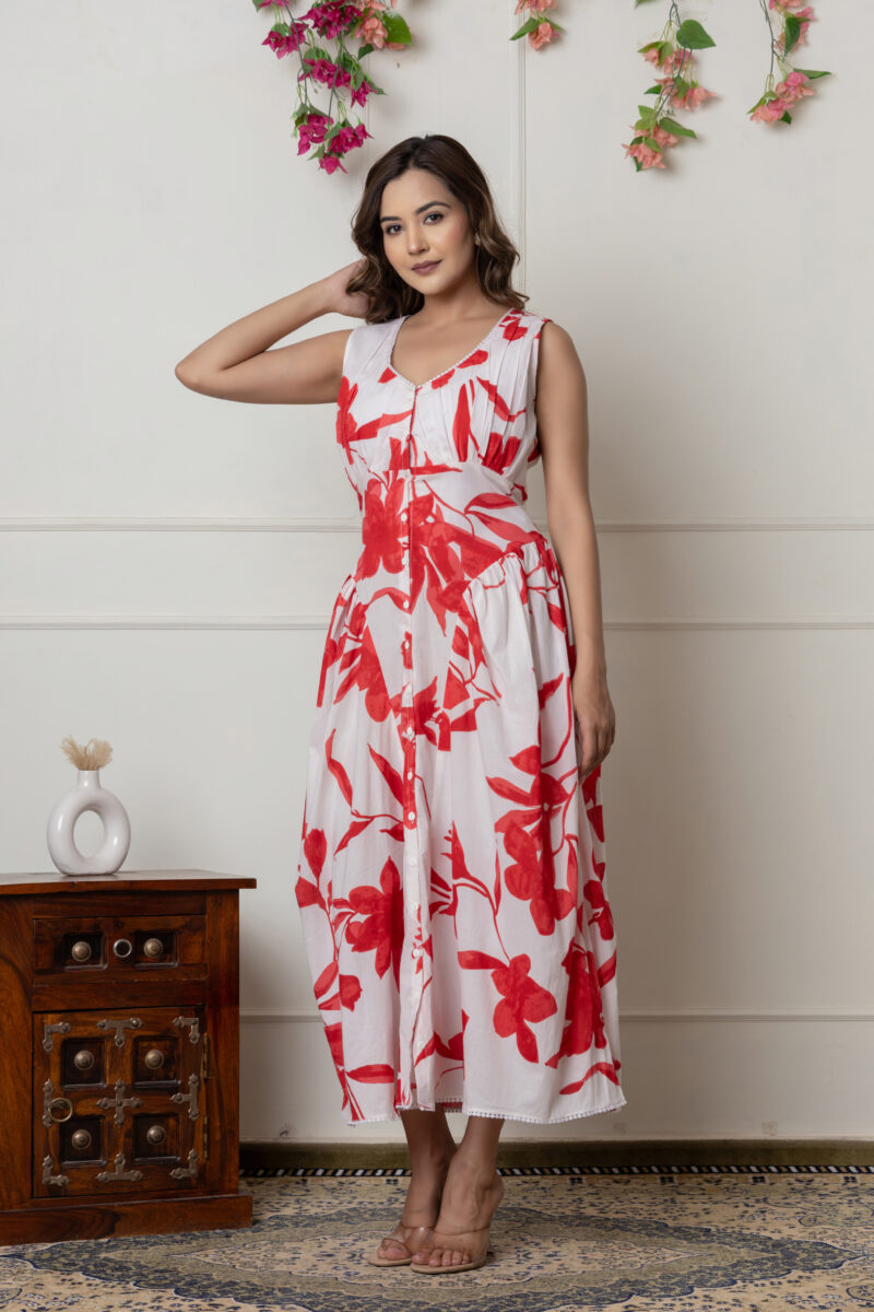 White & Red Floral Printed Sleeveless Cotton Dress - Image 6