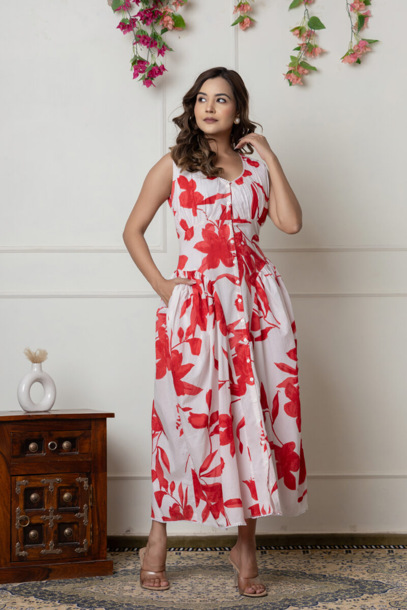 White & Red Floral Printed Sleeveless Cotton Dress - Image 5