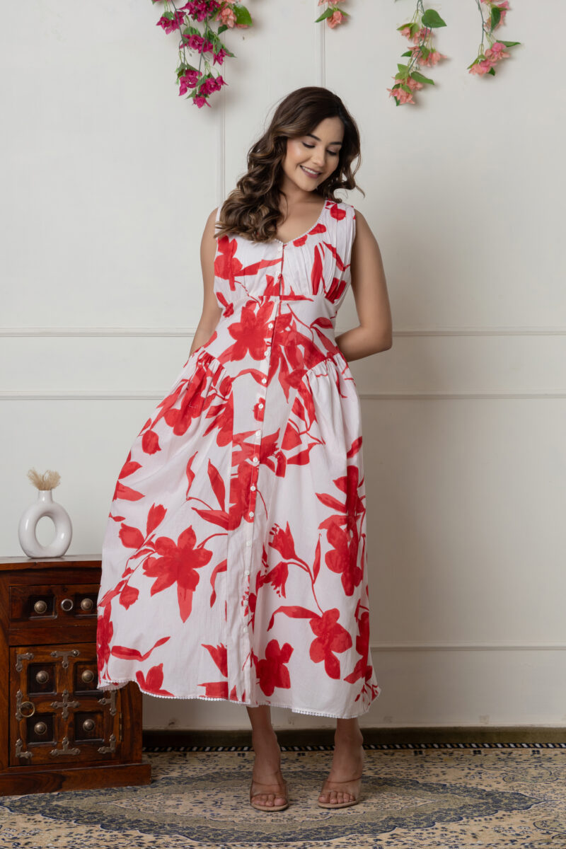 White & Red Floral Printed Sleeveless Cotton Dress - Image 4