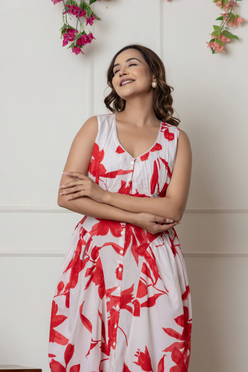 White & Red Floral Printed Sleeveless Cotton Dress - Image 3