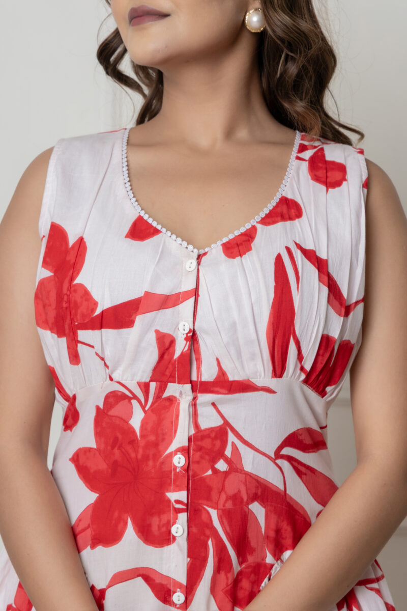 White & Red Floral Printed Sleeveless Cotton Dress - Image 2
