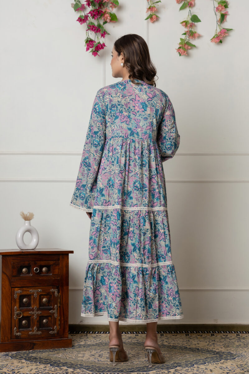Pastel Blue & Pink Floral Long Cotton Dress with Lace Detailing - Image 8