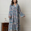Pastel Blue & Pink Floral Long Cotton Dress with Lace Detailing
