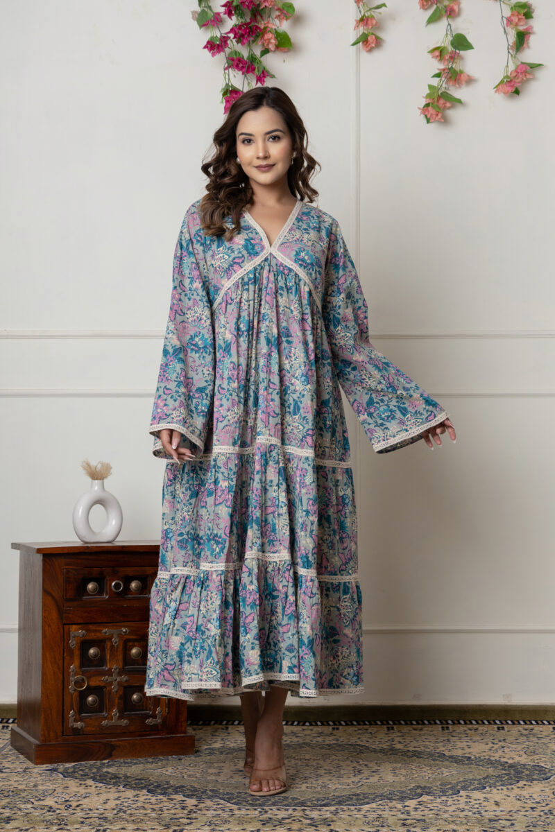 Pastel Blue & Pink Floral Long Cotton Dress with Lace Detailing