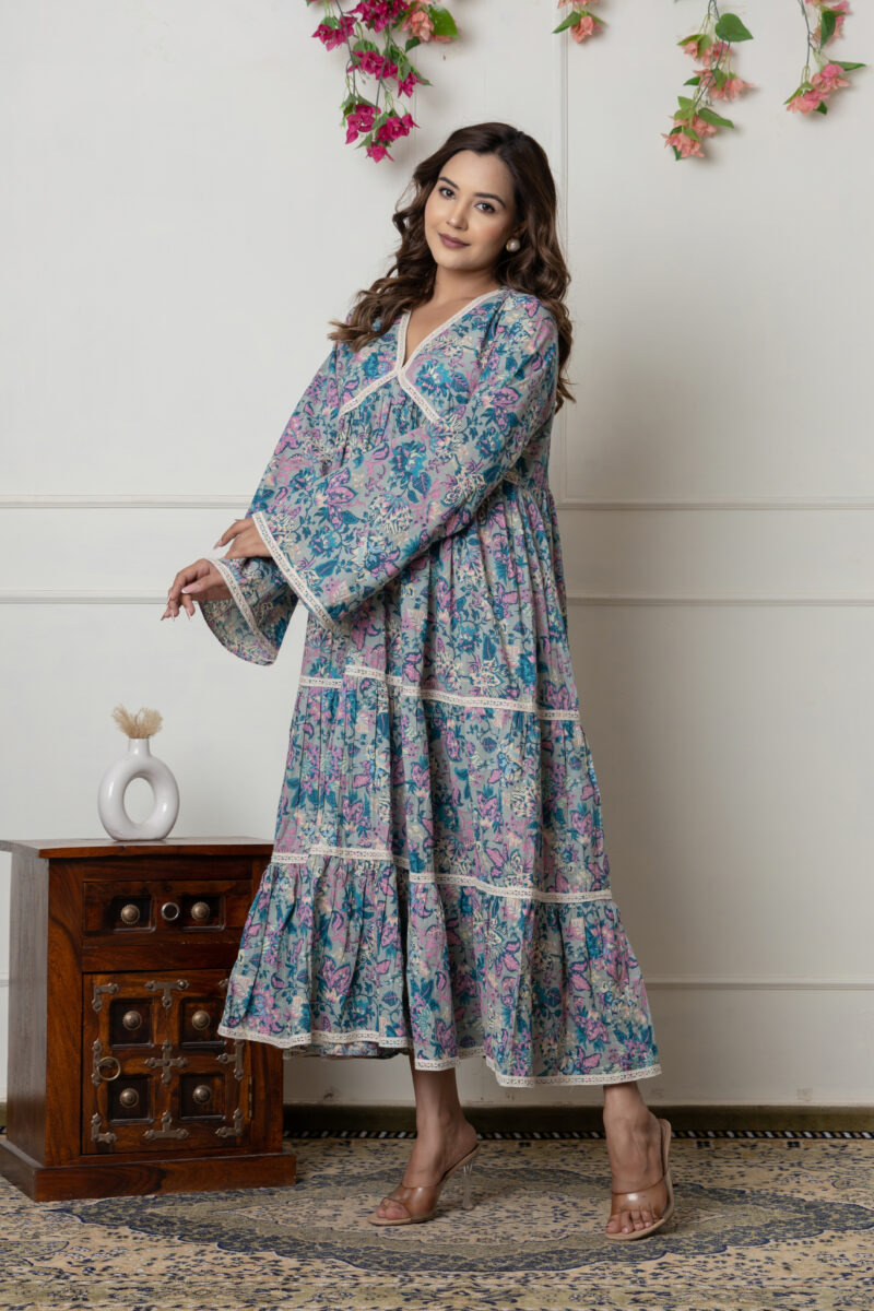 Pastel Blue & Pink Floral Long Cotton Dress with Lace Detailing - Image 6