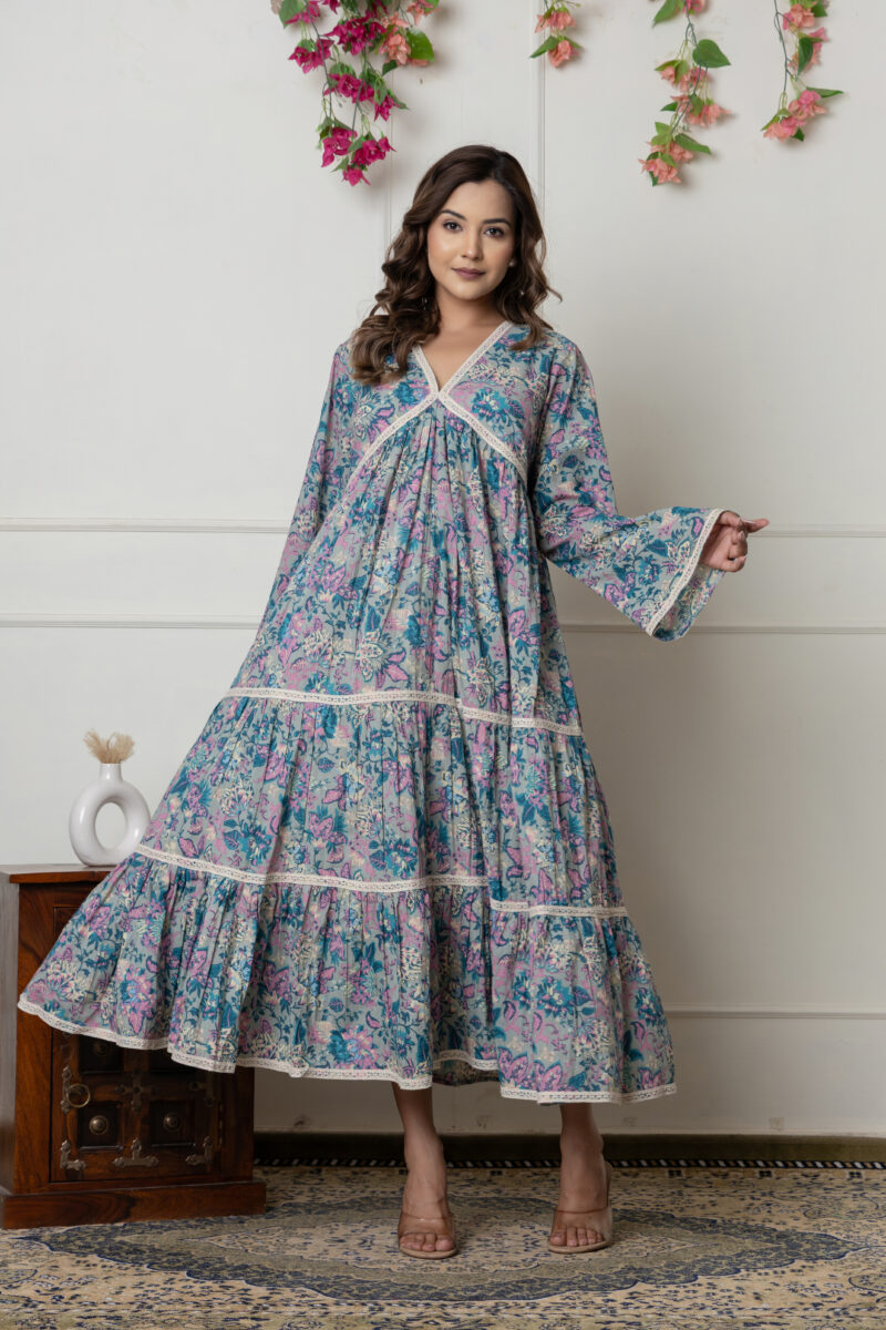 Pastel Blue & Pink Floral Long Cotton Dress with Lace Detailing - Image 3