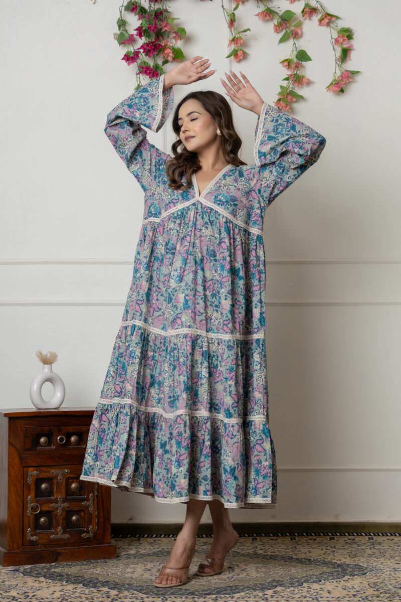 Pastel Blue & Pink Floral Long Cotton Dress with Lace Detailing - Image 4
