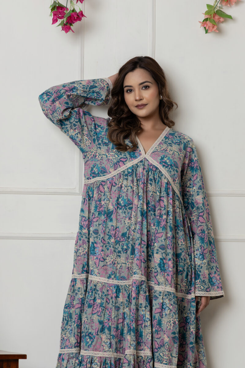 Pastel Blue & Pink Floral Long Cotton Dress with Lace Detailing - Image 2