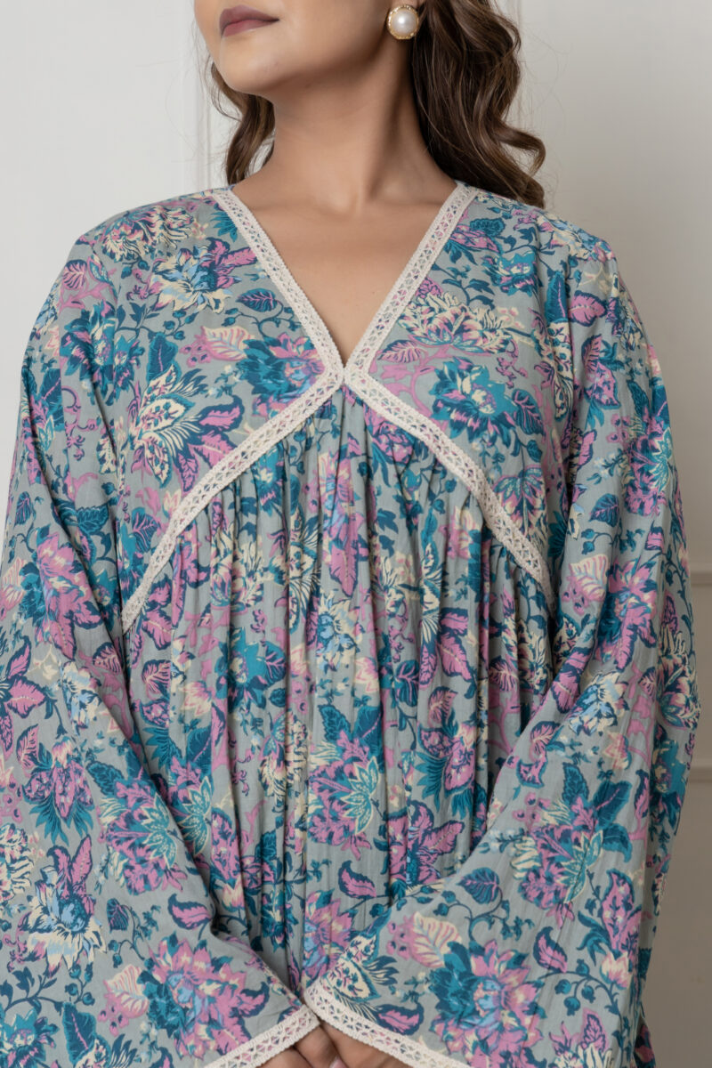 Pastel Blue & Pink Floral Long Cotton Dress with Lace Detailing - Image 5
