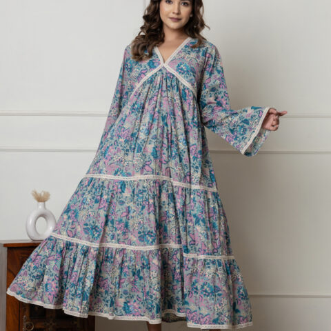 Pastel Blue & Pink Floral Printed Cotton Suit Set - Wholesale Garments