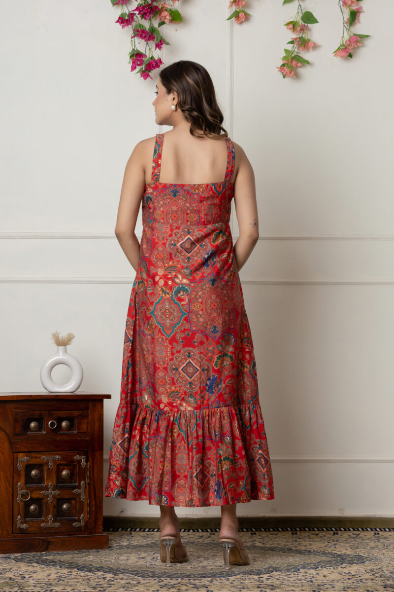 Red Printed Muslin Maxi Dress with Knot Detail & Side Zip - Image 7