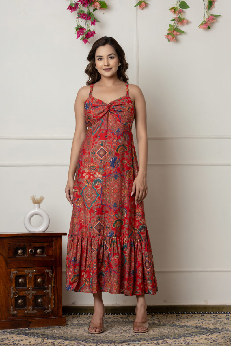 Red Printed Muslin Maxi Dress with Knot Detail & Side Zip - Image 6