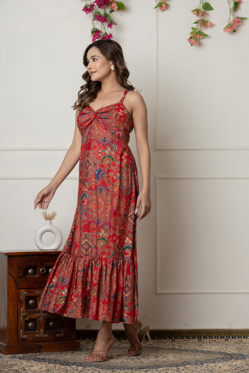 Red Printed Muslin Maxi Dress with Knot Detail & Side Zip - Image 5