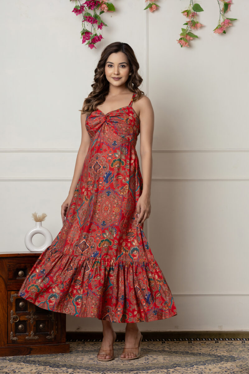 Red Printed Muslin Maxi Dress with Knot Detail & Side Zip - Image 4