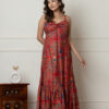 Red Printed Muslin Maxi Dress with Knot Detail & Side Zip - Wholesale Garments