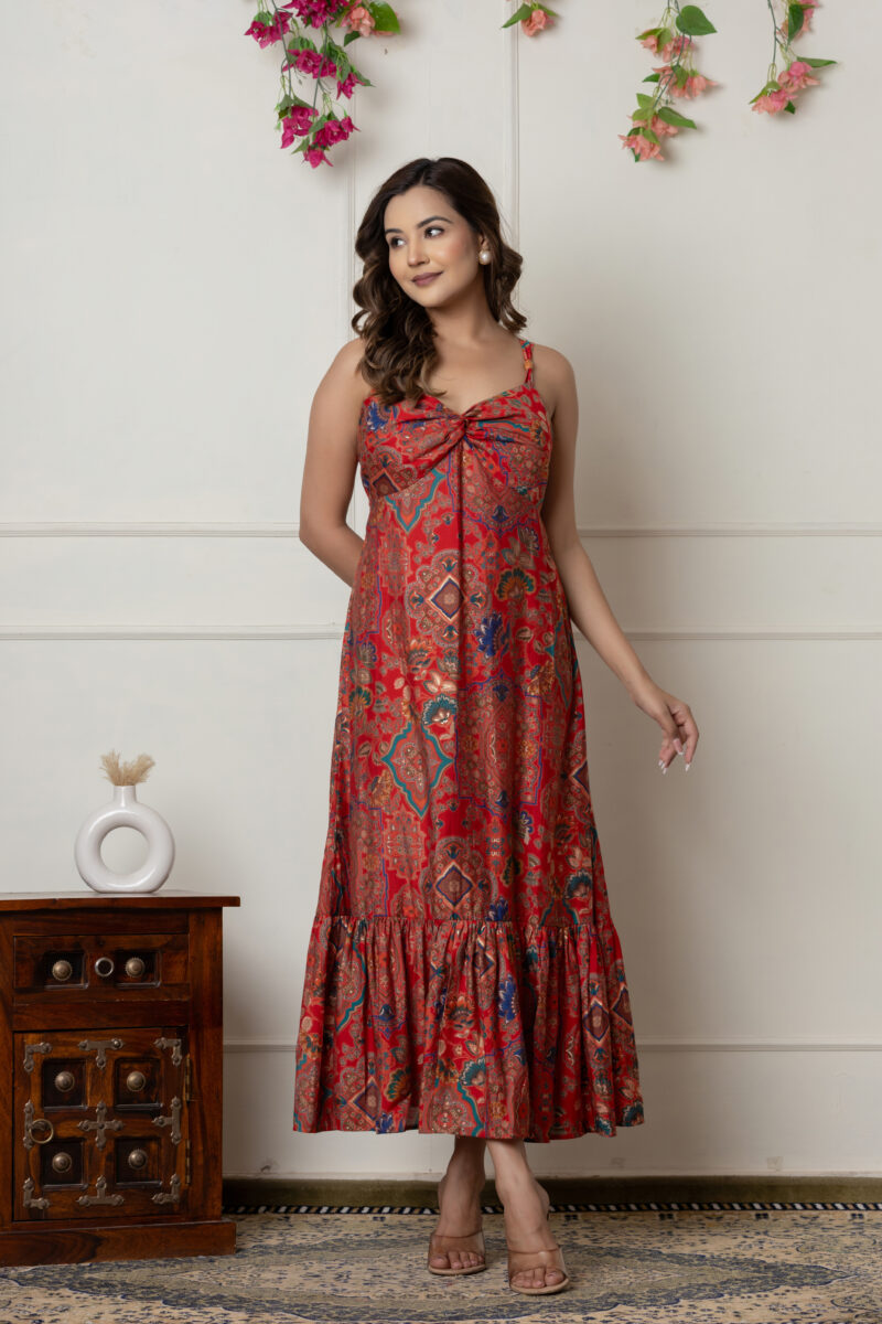 Red Printed Muslin Maxi Dress with Knot Detail & Side Zip - Wholesale Garments