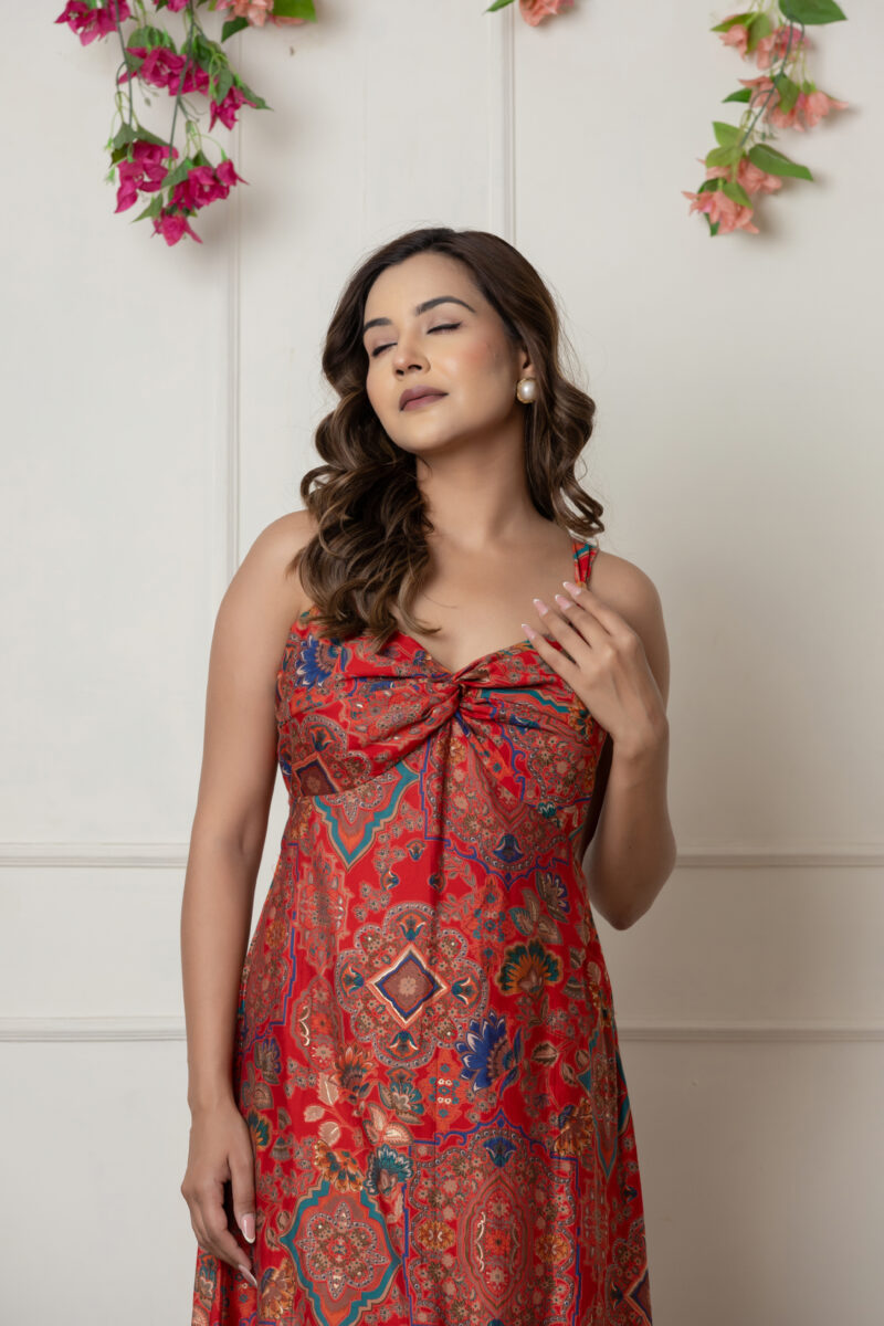 Red Printed Muslin Maxi Dress with Knot Detail & Side Zip - Image 2