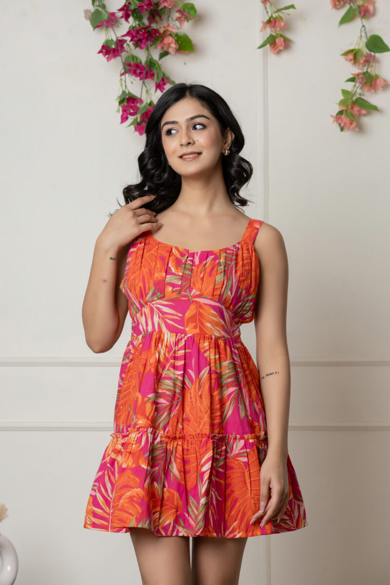 Tropical Print Fit & Flare Mini Dress in Orange-Pink - Image 2