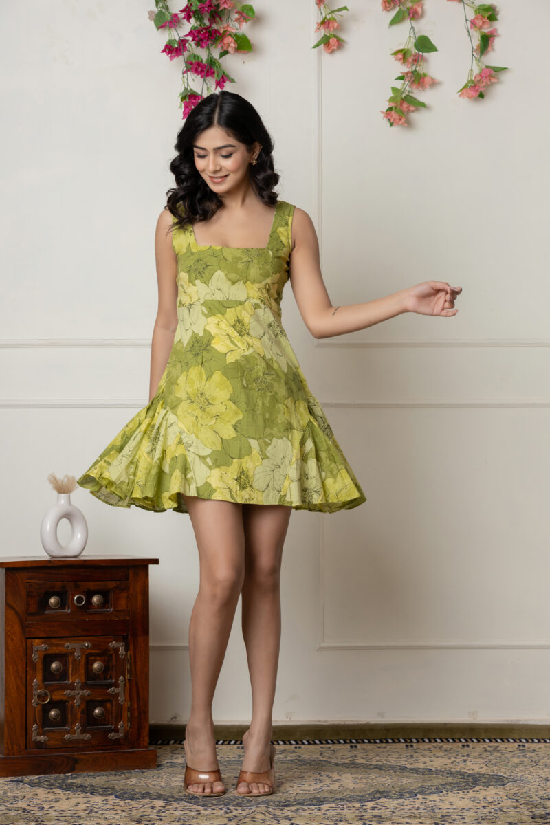 Green Floral Fit & Flare Mini Dress with Bow Back - Image 5