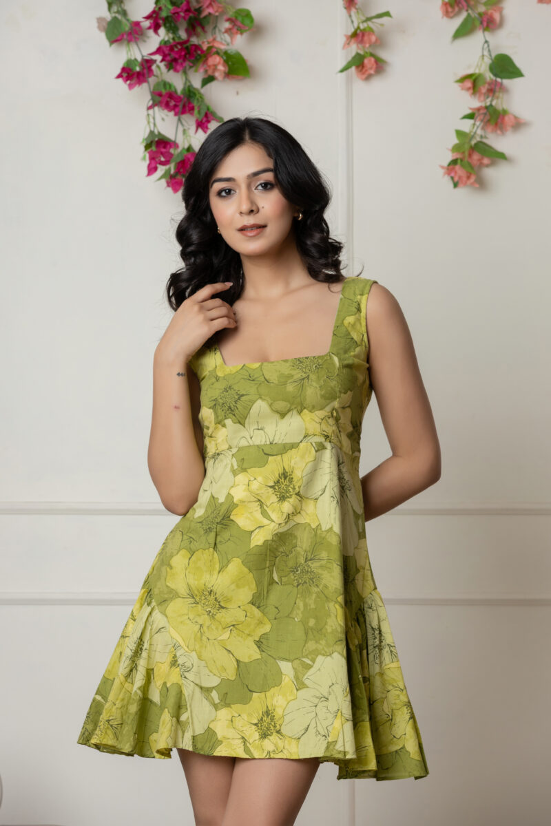 Green Floral Fit & Flare Mini Dress with Bow Back - Image 3