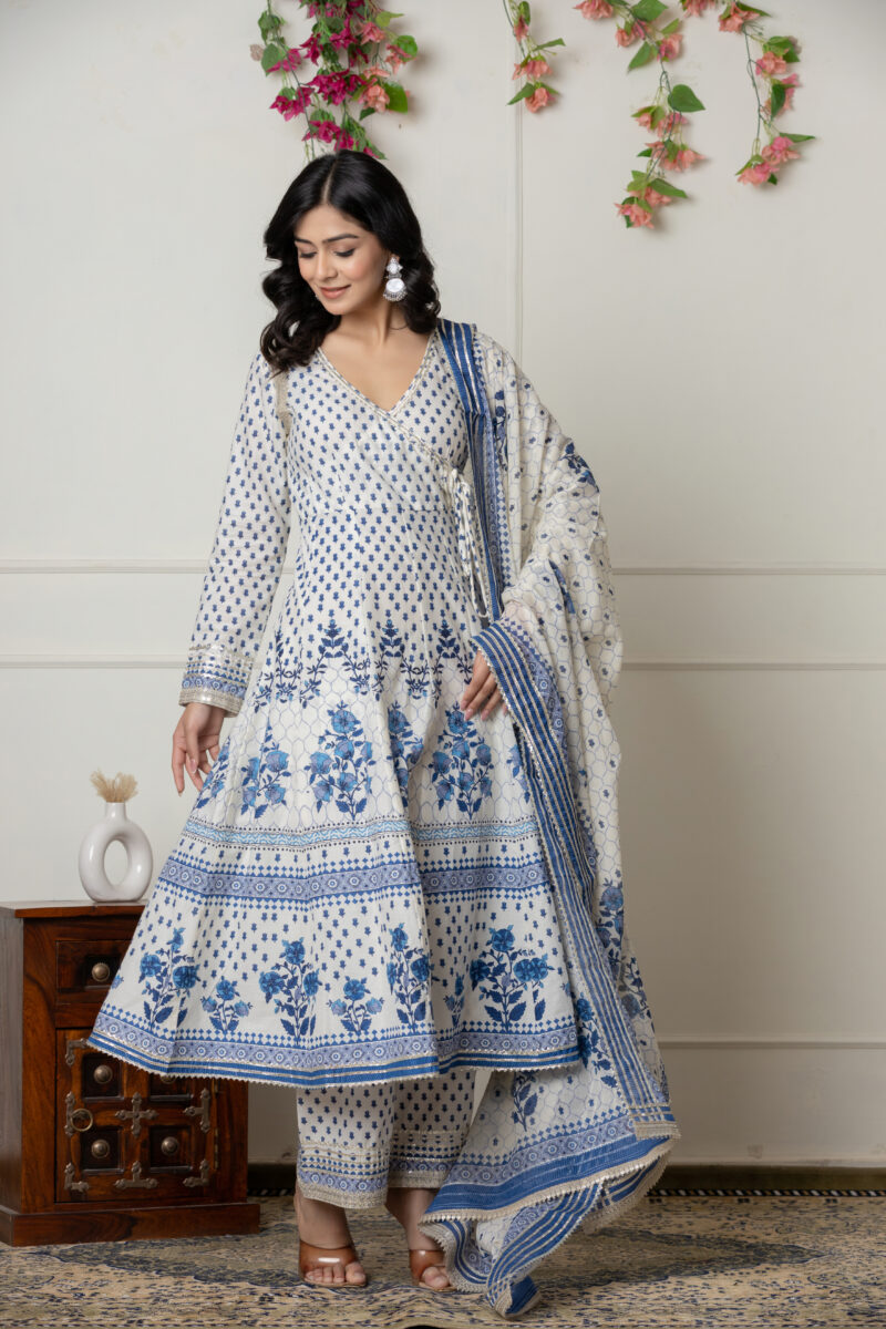 Ivory & Blue Block Printed Anarkali Set with Dupatta - Image 6