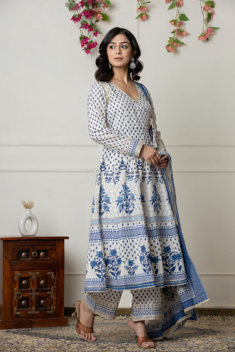 Ivory & Blue Block Printed Anarkali Set with Dupatta - Image 5