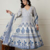 Ivory & Blue Block Printed Anarkali Set with Dupatta - Wholesale Garments