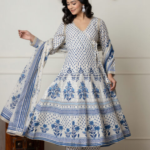 Ivory & Blue Block Printed Anarkali Set with Dupatta - Wholesale Garments