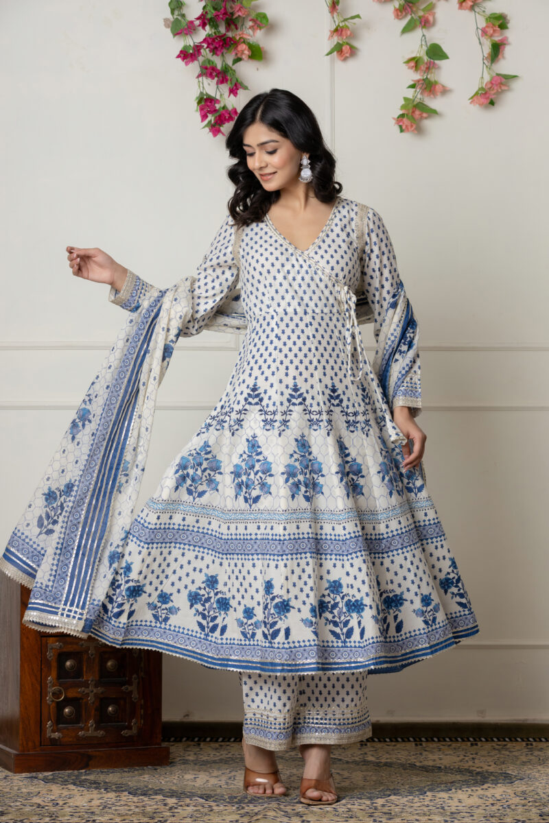 Ivory & Blue Block Printed Anarkali Set with Dupatta - Wholesale Garments