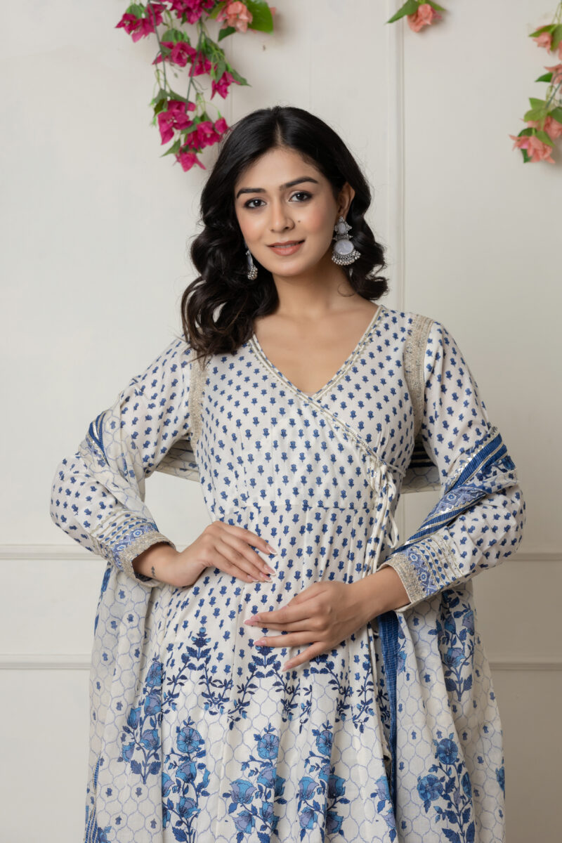 Ivory & Blue Block Printed Anarkali Set with Dupatta - Image 2
