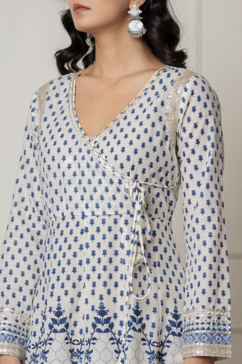 Ivory & Blue Block Printed Anarkali Set with Dupatta - Image 3