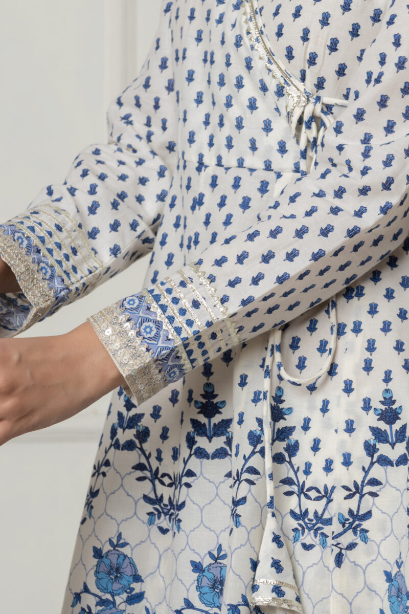 Ivory & Blue Block Printed Anarkali Set with Dupatta - Image 7