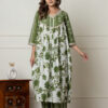 Green & White Floral Printed A-Line Cotton Suit Set with Dupatta - Wholesale Garments