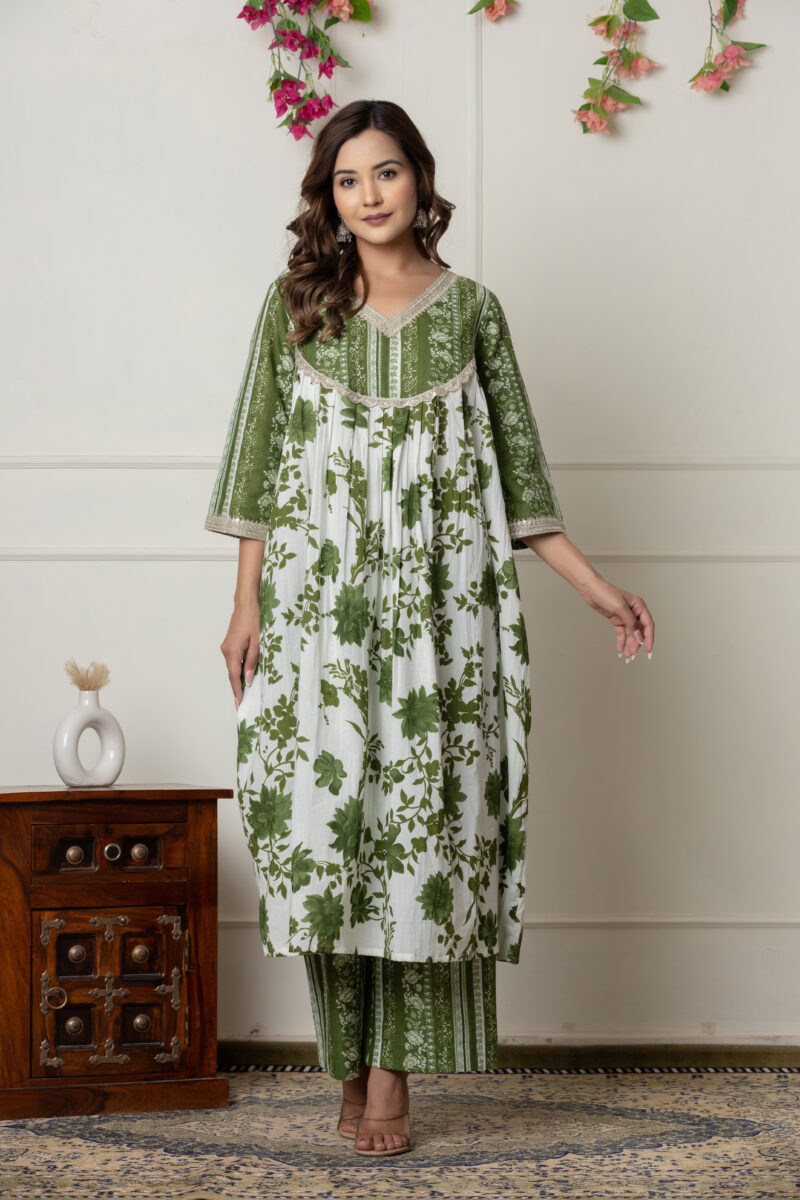 Green & White Floral Printed A-Line Cotton Suit Set with Dupatta - Wholesale Garments