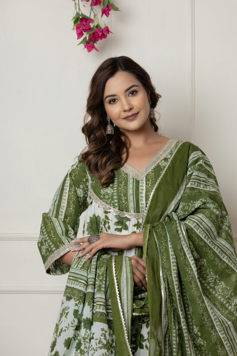 Green & White Floral Printed A-Line Cotton Suit Set with Dupatta - Image 3