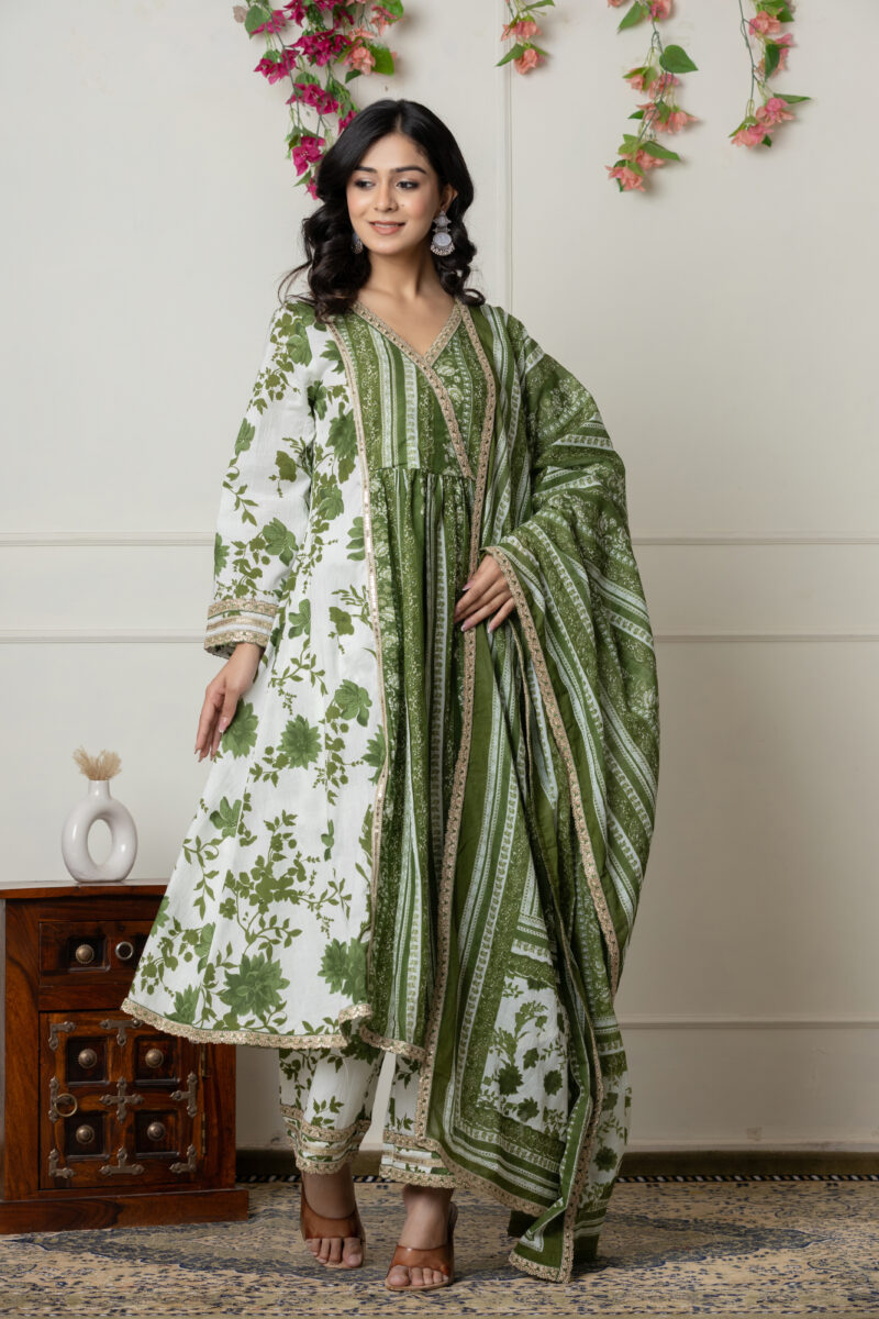 Green Floral Printed Anarkali Kurta Set - Wholesale Garments